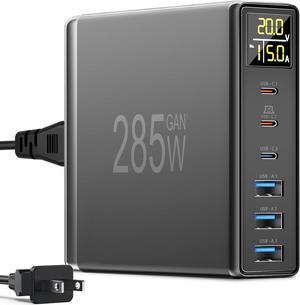 285W USB C Charger Block, 6 Ports Multiple USB Charging Station with Digital LCD Dispaly GaN Fast 100W USB C Charger for MacBook Laptops Multiport USB Charger for i Pad i Phone Samsung, Black