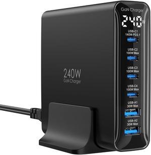 240W USB C Charger 6-Port, PD3.1 GaN Charger with LED Display Desktop Fast Charging Station for MacBook Pro/Air, for iPhone Pro/iPad Pro/Dell XPS/Galaxy/Pixel/Laptops and More, Black