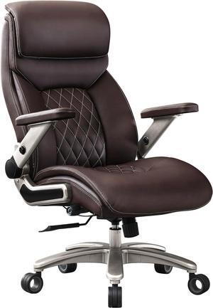 Big and Tall Office Chair with 5D Flip Arms, 600LBS PU Leather Executive Office Chair, Adjustable Lumbar Support 3'' Double Space Wheel, Managerial Home Desk Chair, Heavy Duty Chair,BROWN