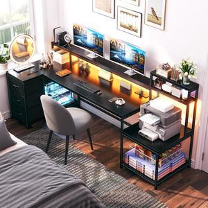 71" L Shaped Desk, Computer Desk with Power Outlet & LED Lights, Reversible L Shaped Gaming Desk with Storage Shelves, Office Desk with Monitor Shelf, Corner Desk, Black