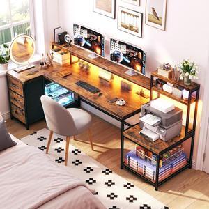 71" L Shaped Desk, Computer Desk with Power Outlet & LED Lights, Reversible L Shaped Gaming Desk with Storage Shelves, Office Desk with Monitor Shelf, Corner Desk, Rustic Brown