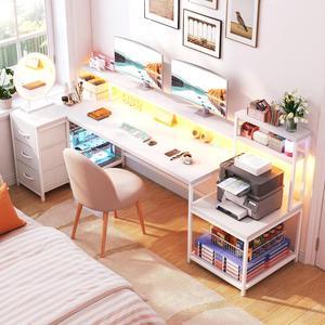 71" L Shaped Desk, Computer Desk with Power Outlet & LED Lights, Reversible L Shaped Gaming Desk with Storage Shelves, Office Desk with Monitor Shelf, Corner Desk, White