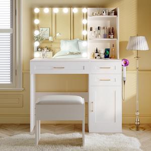 Vanity Desk with Mirror and Lights, 37" Vanity Desk with Bulbs & Power Outlet, 3 Colors Lighting Adjustable Brightness, Makeup Vanity Desk with Cushioned Chair and Cabinet, 3 Drawers, White