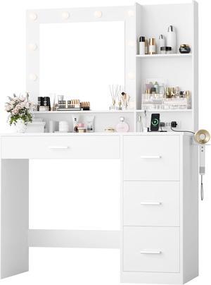 Vanity Desk with LED Lighted Mirror&Power Outlet, 39.3 Makeup Vanity Table with 4 Drawers and 3 Storage Shelves, Adjustable 3 Lighting Colorfor Bedroom&Dressing Room (White)