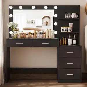 46.7" Makeup Vanity Table with Lighted Mirror, Large Vanity Desk with Storage Shelf & 5 Drawers, Bedroom Dressing Table, 11 LED Lights, Black RSZT106B