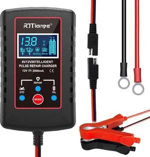 Upgraded 2Amp Car Battery Trickle Charger 6V/12V Smart Fully Automatic 3 Mode Battery Charger Maintainer, Battery Desulfator for Lawn Mower, Motorcycle, Car, Boat, Marine Lead Acid Batteries