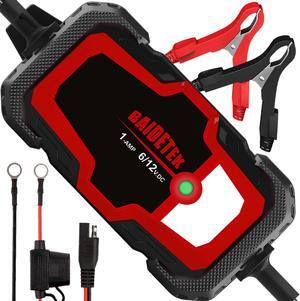 1A Car Battery Charger, 6V and 12V Fully Automatic Trickle Charger, Smart Battery Maintainer for cars, Motorcycle, Boat, Truck, Lawn Mower, Marine Lead Acid Batteries
