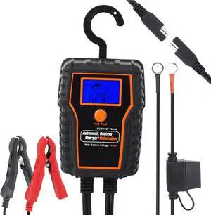 Automotic Battery Trickle Charger Maintainer 12 Volt 750mA Battery Float Charger Maintainer with LCD Float Charging for Motorcycle ATV Lawn Mower Car Boat