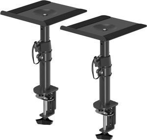 Clamp-on Speaker Stand Desk Mount Set, Height Adjustment, Tilt, Swivel, 9.6 x 8.8 inch Trays, Universal Audio Holders for Computer and Bookshelf Speakers, Elevated Sound, 2 Pack, Black, SDM001B