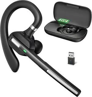 Bluetooth Headset with Noise-Cancelling Mic, Wireless Earpiece with USB Dongle for PC/Laptop, Hands-Free Headset for Work, Meetings, MS Teams, Business