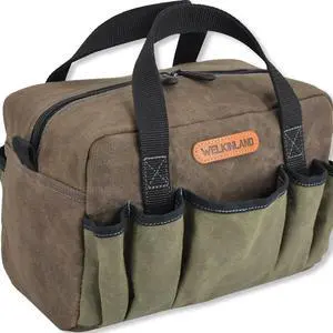 14-Pockets Waxed Canvas Tool Bag, Heavy Duty tool bag, 11-Inch electrician tool bag, Small Tool bag organizer,Tool bags for electricians,Small tool bags for men,Canvas tool bags heavy duty