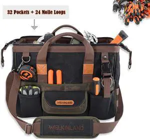 32-Pockets Waxed Canvas tool bag, Heavy-Duty Electrician tool bag, HVAC tool bag, Tool bag organizer, 16" Tools bag carrier, Tool bags for electricians, Tool bags for men