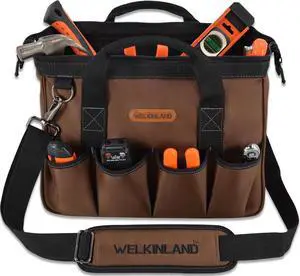 17-Pockets Tool Bag, 14" Portable tool bag, Brown tool bags for men, Mechanics tool bag, Tool bag electrician, Construction tool bag, Tool bag with shoulder strap, Tool bags heavy duty