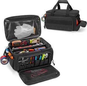 14-Inch Tool Bag with Anti-friction Bottom, Hand Tool Storage Organizer Bag for Men, Tactical Bag, Electrician Tool Bag, Multi-purpose Work Tote Bag for Repairman, Carpenters, Handyman, Black
