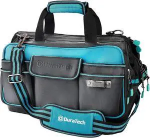 17" Wide Mouth Tool Bag, Large Storage 32 Pocket Tool Bag Organizer with Water Proof Molded Base, Adjustable Strap, Clip Design, 840D Oxford Fabric