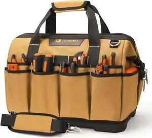 16 Inch Wide-Mouth Tool Bag, Heavy Duty Toolbag Organizer, Large Tool Tote Bags for Men & Women with Waterproof Molded Base and Adjustable Shoulder Strap