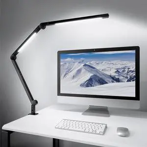 LED Desk Lamp with Clamp, Dual Light Desk Lamp with Swing Arm, 4 Color Modes & 4 Brightness Metal Table Lamp, Eye-Caring Clip-on Lamp with Memory Function for Home Office Work Study