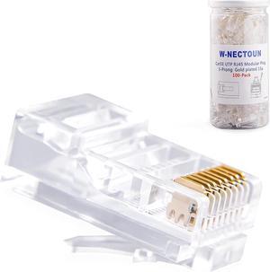 Cat5e RJ45 Connectors,100-PACK Cat5 Ends/Cat 5 Connector/Cat 5e RJ45 Modular Plugs(3-Prong Gold Plated 15),UTP Network Plug for Solid Strand Cable