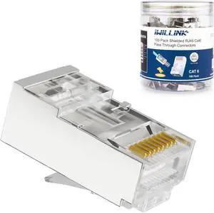 100-Pack Shielded RJ45 Cat6 Pass-Through Connectors, STP Crimp Modular Plugs, 50U Gold-Plated, 3-Prong for Solid and Stranded Cable, 8P8C Design