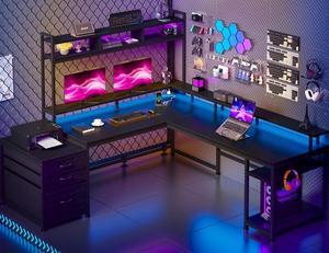 L Shaped Gaming Desk with LED Black Gaming Desk with Drawers & Storage Shelf Reversible Large Computer Desk with Monitor Stand & Power Outlets L Desk for Home Office,Gaming Room