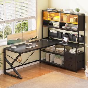 59" L Shaped Computer Desk, Home Office Desk with 2 Drawer and Bookshelf, L Shaped Gaming Desk with LED Light, Glass Cabinet and Storage Bag, Corner Desk with Storage Shelves, Black