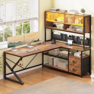 59" L Shaped Computer Desk, Home Office Desk with 2 Drawer and Bookshelf, L Shaped Gaming Desk with LED Light, Glass Cabinet and Storage Bag, Corner Desk with Storage Shelves, Rustic Brown
