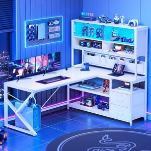59" L Shaped Computer Desk, Home Office Desk with 2 Drawer and Bookshelf, L Shaped Gaming Desk with LED Light, Glass Cabinet and Storage Bag, Corner Desk with Storage Shelves, White