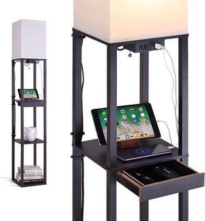 Floor Lamp with Shelves, Shelf Floor Lamps for Living Room with 2 USB Charging Ports 1 Power Outlet and Drawer, Modern Corner Square Display Standing Lamp 4-Tier Tall Bookshelf Lamp for Bedroom