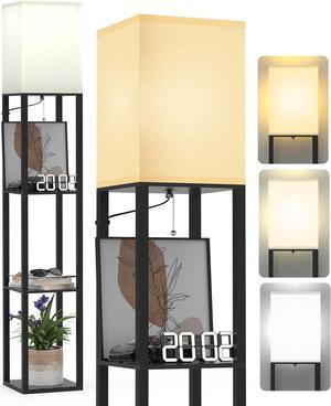 Floor Lamp with Shelves by Solid Wood, Modern Shelf Floor Lamp with 3 Color Temperature, Linen Lampshade and Storage Shelves for Living Room, Bedroom, Bulb Included(Black)