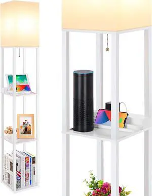LED Shelf Floor Lamp, Modern Standing Lamp with 1 USB Port and 1 Type C Port and 1 Power Outlet, 3-Tiered Display Floor Lamps with Shelves for Living Room, Bedroom, Office - White