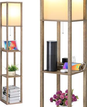 LED Shelf Floor Lamp, Modern Standing Lamp with 1 USB Port and 1 Type C Port and 1 Power Outlet, 3-Tiered Display Floor Lamps with Shelves for Living Room, Bedroom and Office - Wood