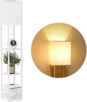 Shelf Floor Lamp with 3-Way Dimmable LED Bulb, Modern Square Standing Lamp with Shelves and White Shade, Corner Display Bookshelf Lamp for Living Room and Bedroom(White)