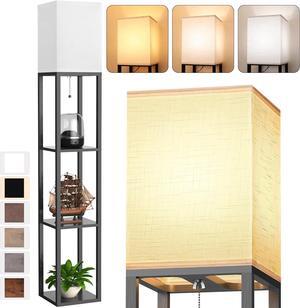 Floor Lamp with Shelves for Living Room, Shelf Floor Lamp with 3 CCT LED Bulb, Corner Display Standing Column Lamp Etagere Organizer Tower Nightstand with White Linen Shade for Bedroom, Office