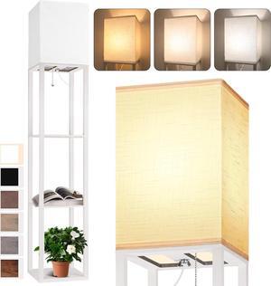 Floor Lamp with Shelves for Living Room White, Shelf Floor Lamp with 3 CCT LED Bulb, Corner Display Standing Column Lamp Etagere Organizer Tower Nightstand with White Linen Shade for Bedroom, Office