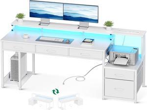 71 Inch Computer Desk with File Drawer, Reversible Office Desk with 4 Drawers & Power Outlet, LED Strip, Home Office Desk with Monitor Shelf & CPU Stand, White