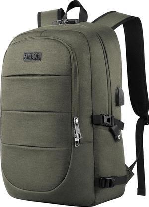 Anti Theft Backpack, 15.6-17.3 inch Business Laptop Carry on Backpack with USB Charging Port and Headphone Interface, Travel Backpack for Men & Women,Green