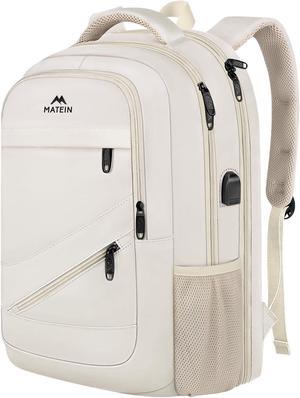 17 inch Laptop Backpack for Women, Big Travel Backpack Airline Approved with Luggage Strap, Heavy Duty Work Bag with USB Charging Port, Water Resistant Bag for College, Beige