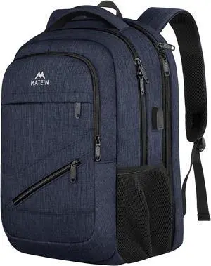 17 inch Laptop Backpack, Large Travel Backpack Carry On Flight Approved with Trolley Sleeve, Computer Work Bag with USB Charging Port, Water Resistant Backpack for College, Dark Blue