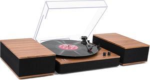 Bluetooth Record Player,Turntable HiFi System with Bookshelf Speakers, 3-Speed Belt-Drive Vinyl Turntable for Vinyl Records with Wireless Playback and Auto-Stop,Yellow Wood