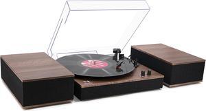 Bluetooth Record Player,Turntable HiFi System with Bookshelf Speakers, 3-Speed Belt-Drive Vinyl Turntable for Vinyl Records with Wireless Playback and Auto-Stop,Walnut Wood