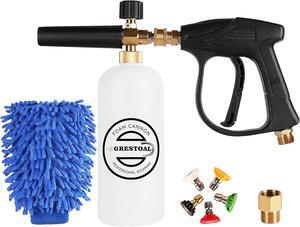 Pressure Washer Gun Foam Cannon, Snow Foam Lance Short Gun with 5 Pressure Washer Nozzle Tips, 1/4 Inch Quick Connector, 1 Liter, 3000 PSI