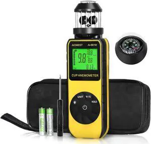 Handheld Wind Cup Anemometer with Direction, Digital Wind Speed Meter Gauge Measure 1.5~93MPH Air Flow Velocity, Wind Temp for Outdoor Hunting Shooting Drone Surfing HVAC - AI-881M