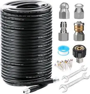 Sewer Jetter Kit 200 FT for Pressure Washer, 5800 PSI Drain Cleaner Hose 1/4 Inch NPT Corner Rotating and Button Nose Sewer Jetting Nozzle Spanner Watertight Tape Pearl Corsage Pin