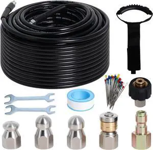 100FT Sewer Jetter Kit for Pressure Washer, 5800PSI Drain Cleaner Hose 1/4 Inch NPT Corner with 4 Sewer Jetting Nozzles,Waterproof Tape,Pearl Corsage Pin,Handle Strap & 2 Spanners (Black)