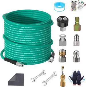 150FT Sewer Jetter Kit for Pressure Washer,1/4NPT Drain Cleaner Hose 5800PSI, with Adapter Corner Rotating Button Nose Sewer Jetting Nozzles Kit Pearl Corsage Pin Spanner Waterproof Tape