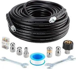 Sewer Jetter Kit 100FT for Pressure Washer, Pressure Washer Drain Jetter with 5800PSI Cleaner Hose 1/4 Inch NPT, Corner, Rotating & Button Nose Sewer Jetting Nozzle Spanner Waterproof Tape Pearl Pin