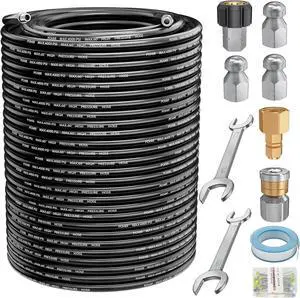 Sewer Jetter Kit 150FT for Pressure Washer 4000PSI Hydrojet Drain Cleaning Kit with Button Nose 1/4 Inch NPT Rotating Sewer Jet Nozzle Spanner Waterproof Tape Pearl Corsage Pin