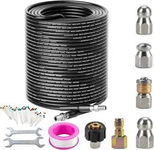 Sewer Jetter Kit for Pressure Washer 150FT,Drain Cleaner Hose 1/4 Inch NPT Corner, Rotating and Button Nose Sewer Jetting Nozzle Kit Waterproof Tape Pearl Corsage Pin and Spanners,5800PSI