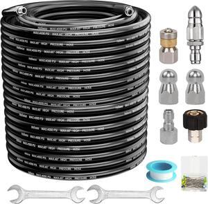 Sewer Jetter Kit 100FT for Pressure Washer Jet Drain Cleaner Hose 1/4 Inch NPT with Rotating and Button Nose Sewer Jetting Nozzles Kit 4000 PSI