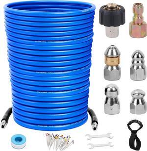 150FT Sewer Jetter Kit for Pressure Washer, 5800 PSI Water Jet Drain Cleaner Hose Corner Rotating Button Nose Sewer Jetting Nozzle 1/4 Inch NPT, Sewer Jetter Nozzles Kit with Spanner Handle Strap
